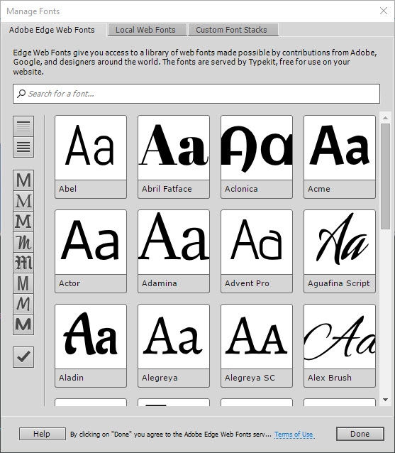 The Manage Fonts panel gives access to a wide range of fonts.  