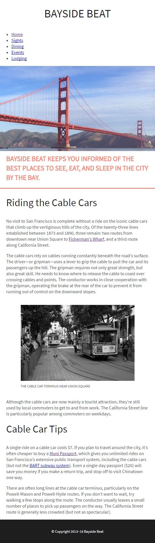 The Bayside Beat website in single-column layout