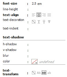 Some property values such as text-align and text-transform are set using icons. 