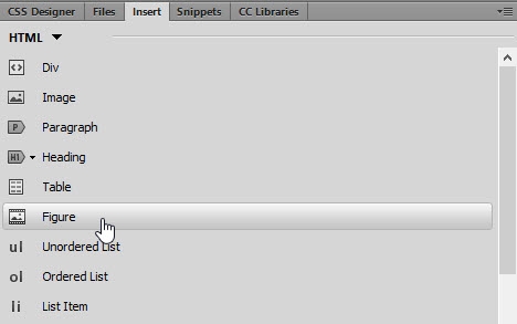 Selecting Figure from the HTML category in the Insert panel.