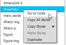 The context menu in the Selectors pane makes it easy to find the style definition in the style sheet.