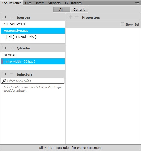 A media query showing that no selectors have been created.