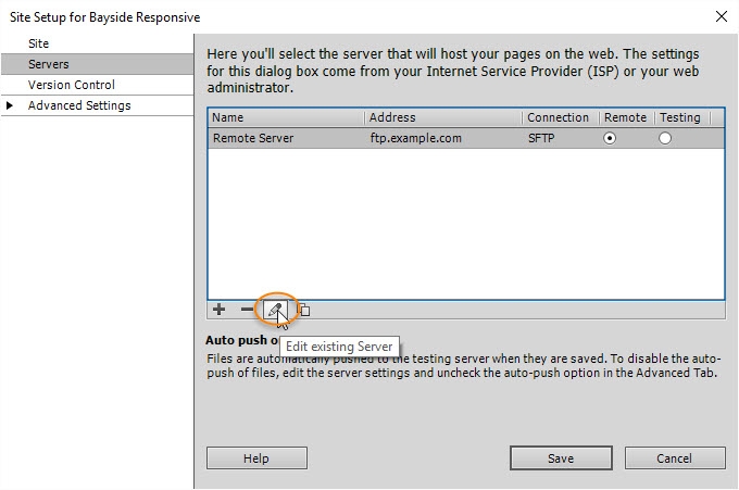 Troubleshoot the remote server setup by clicking the Edit existing Server (pencil) icon.