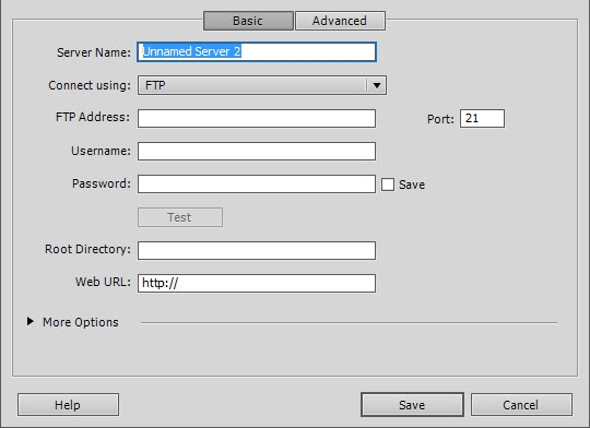 Entering server details into the remote server definition panel