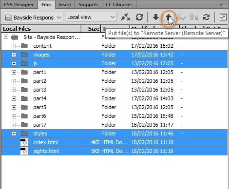 The Put Files (up arrow) icon is selected in the Files panel toolbar.