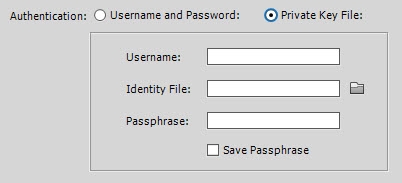 Connecting via SFTP with a private key file requires a username, identity file, and passphrase.