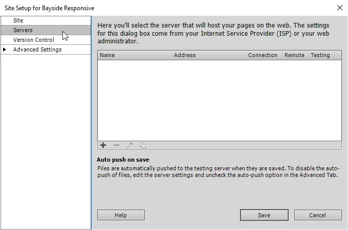The Servers panel in the Site Setup dialog box