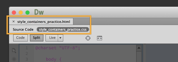 CSS opened in Dreamweaver in Split View. 