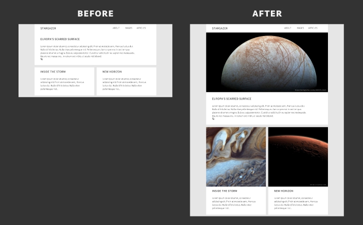 Before: Text on a web page. After: Images added to web page increase interest and visual appeal.