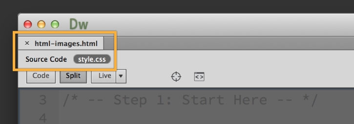 Cascading style sheet (CSS) is open in Split view in Dreamweaver. 