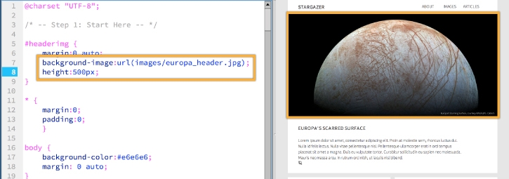 A photo of Europa, one of Jupiter’s moons, is added as the background image in CSS. 