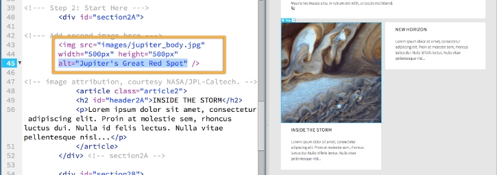 HTML image source tag with added dimension specifications and alt-text