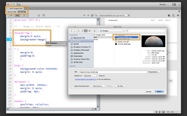 Background and header images are added to CSS. 