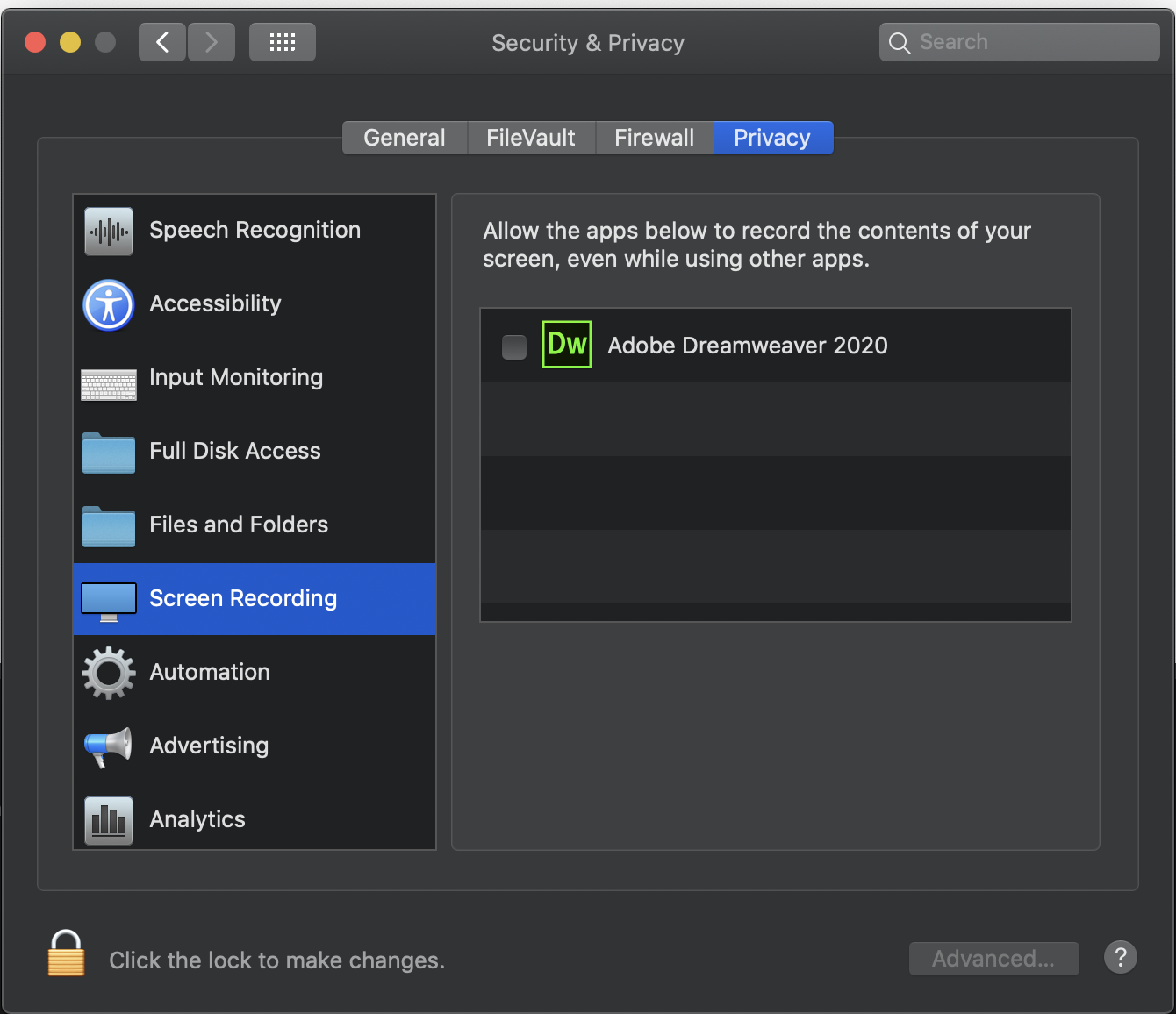 Security and Privacy Dialog to access Sceen Recording