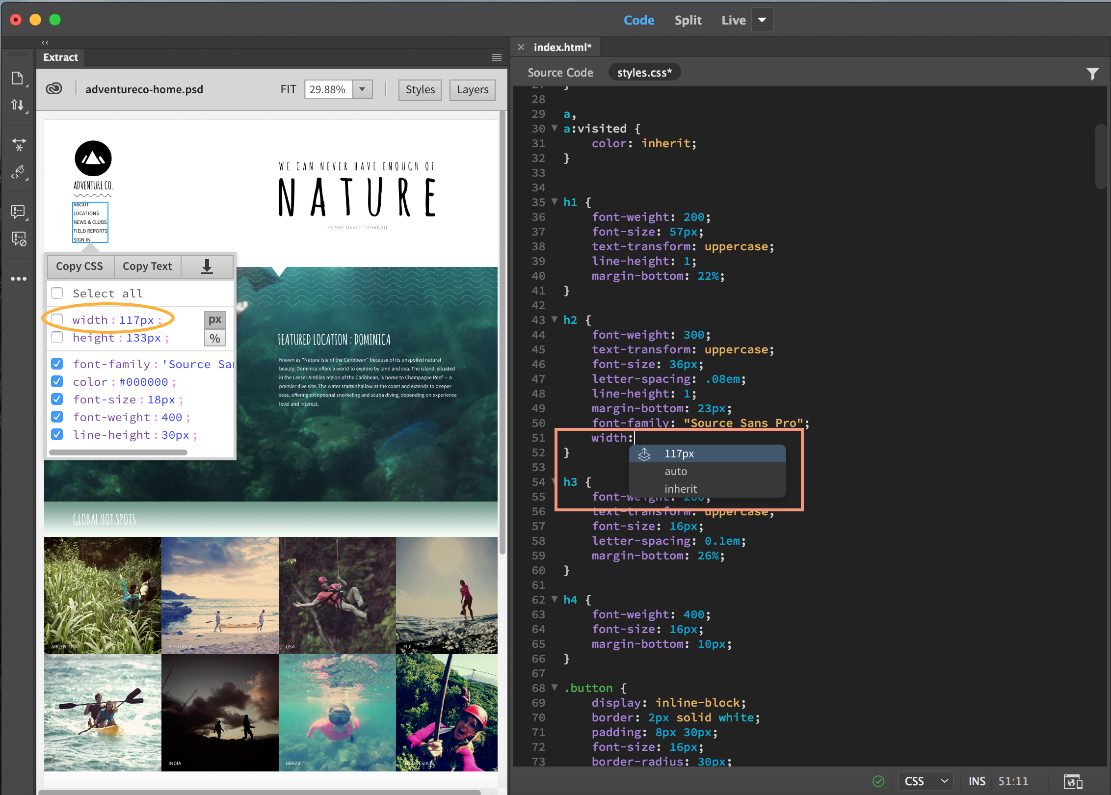 PSD dosyasında bir öğenin CSS özelliği ile ilgili kod ipuçları