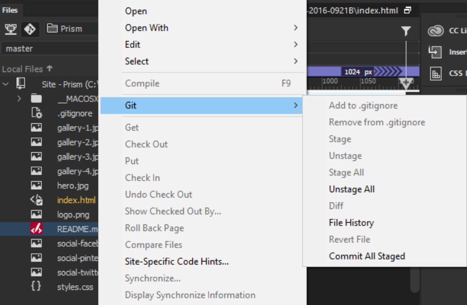 Perform Git actions from the Files panel