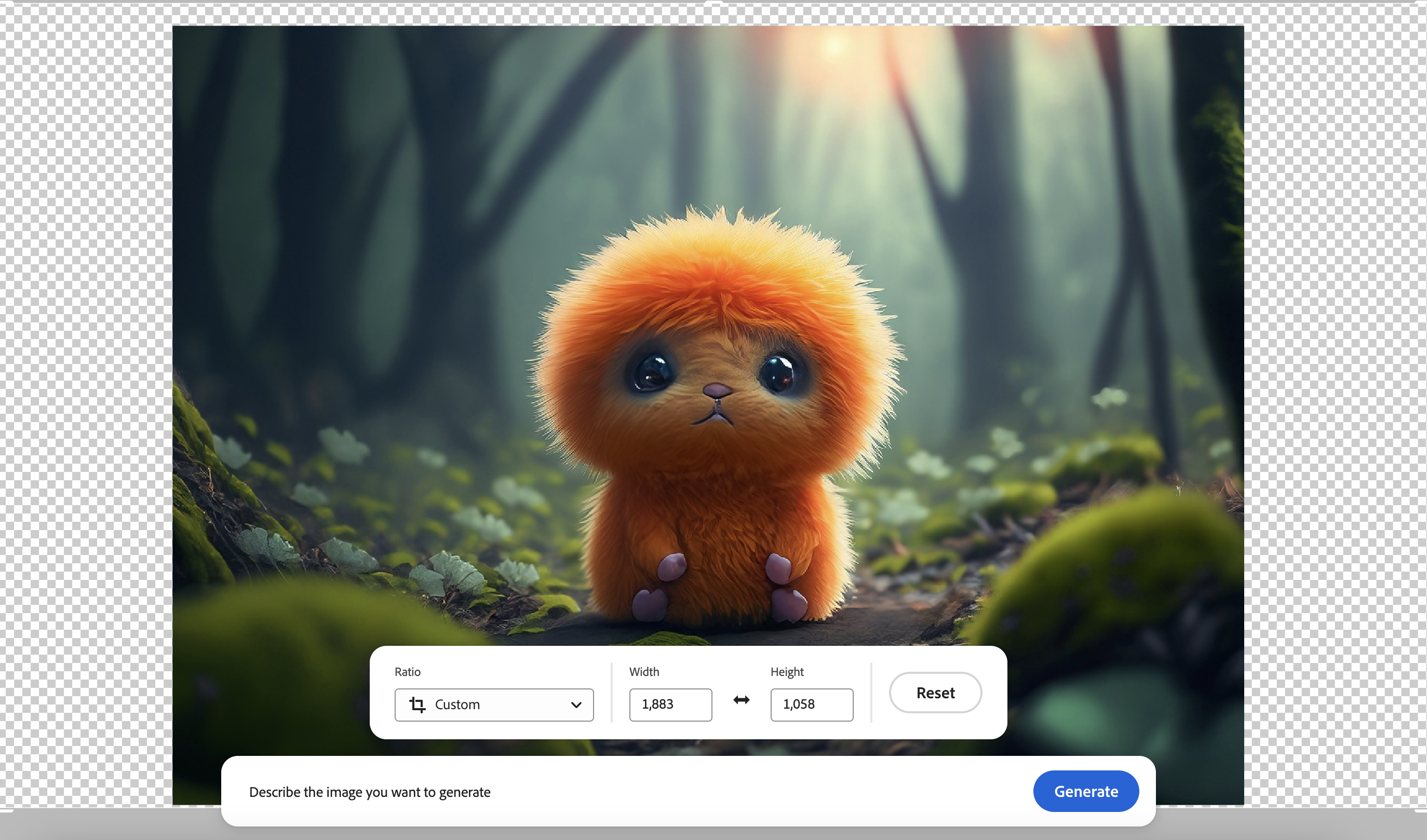 A generated image of a cute character in a jungle. The canvas has been expanded, and the transparent strips around the image indicate it. There are also options to change the ratio and add a text prompt.