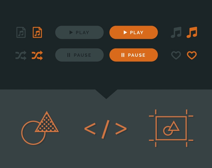 Music app menu shows play, pause, like, shuffle menu options. SVG code options include support for more web and mobile apps.