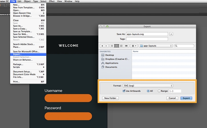 Illustrator files may be exported to SVG format through the File < Export menu, SVG option.