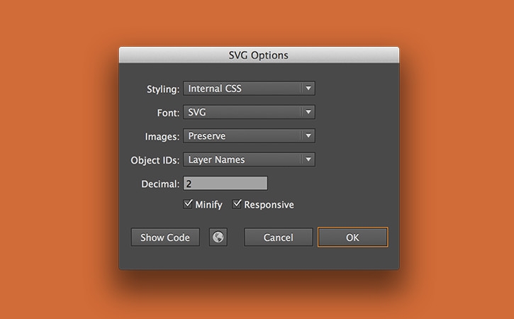 SVG Options menu allows customization of the SVG exported file.  