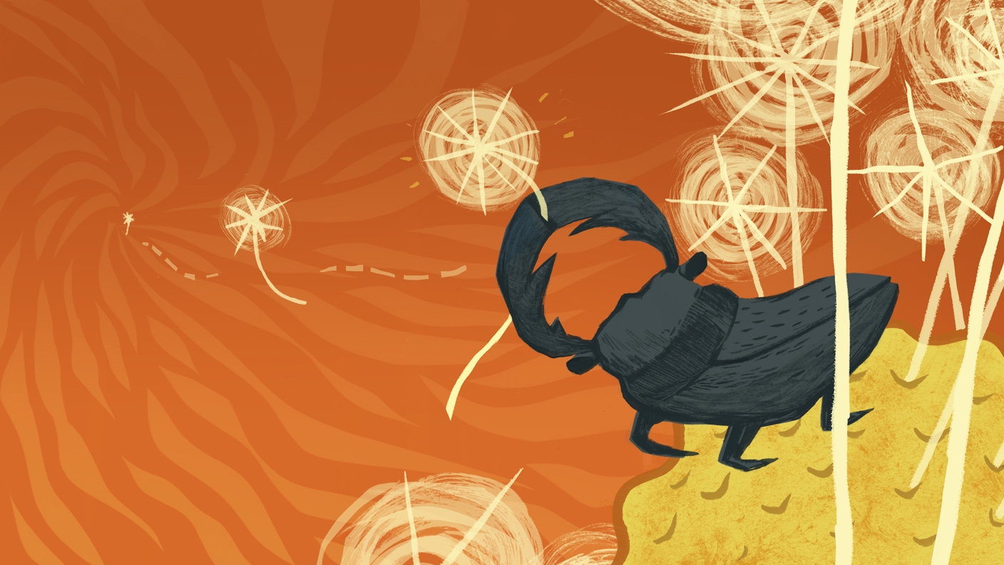 Abstract art of black beetle sitting on yellow flower with dandelion seed in its pincers. The sky is a swirling orange design