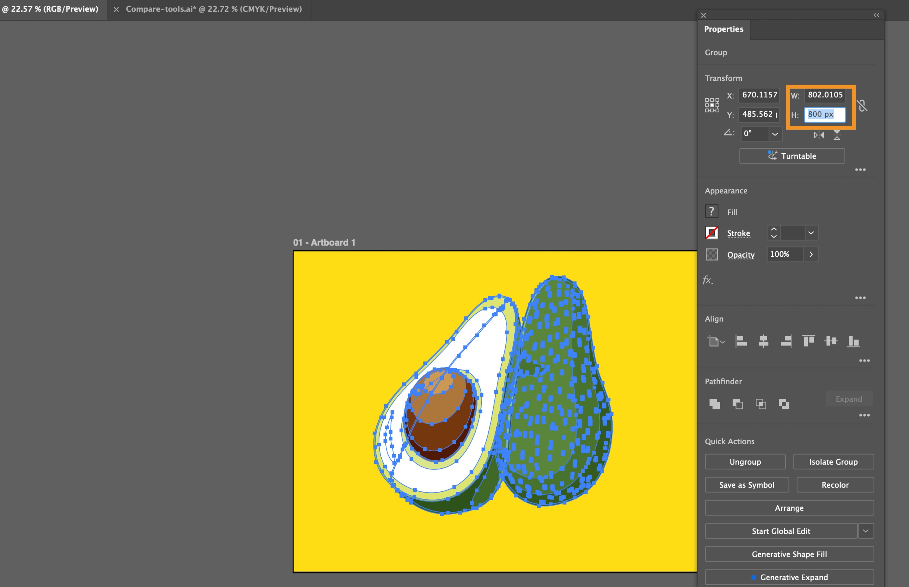 Illustrator Properties panel showing width and height values for a selected illustration.