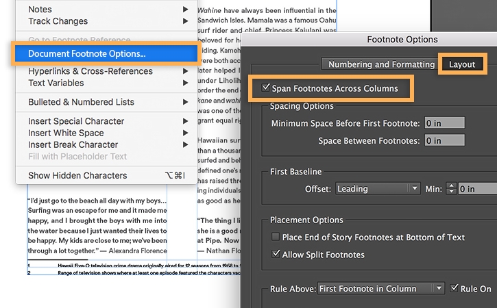 Select Type > Document Footnote Options > Span Footnotes Across Columns to span all footnotes in document across columns