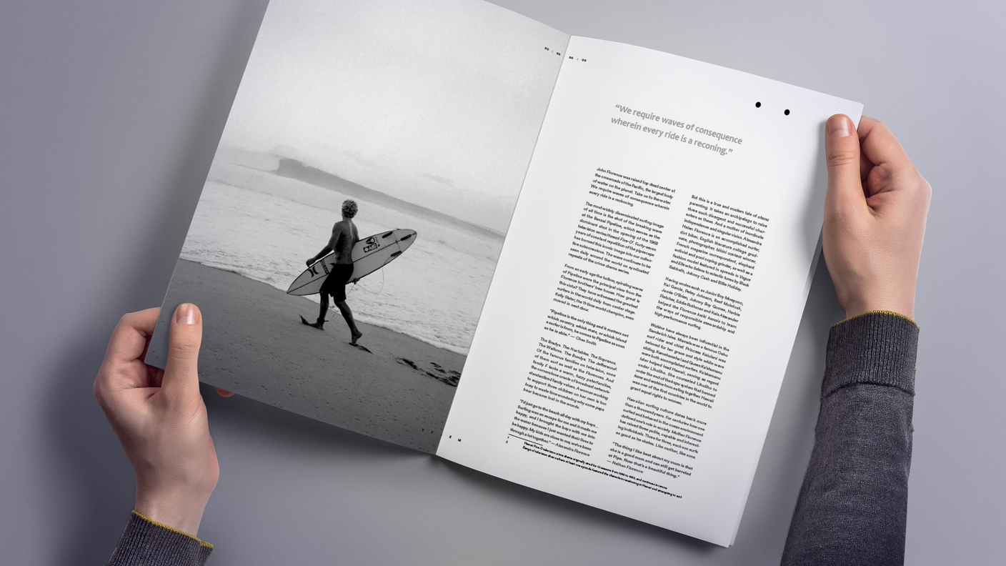 Woman holding a book. The left page is a black and white surfer image. The right page is text with footnotes. 