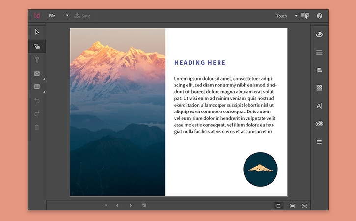 Mountains with text appear on the InDesign Touch workspace designed for Windows tablets.