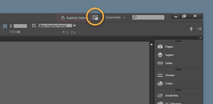Circle appears around the Touch icon in the upper right corner of the InDesign control panel. 