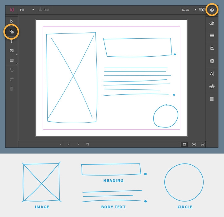 Hand drawn shapes such as a rectangle with X in the middle, horizontal lines, and circle are converted into layout elements.