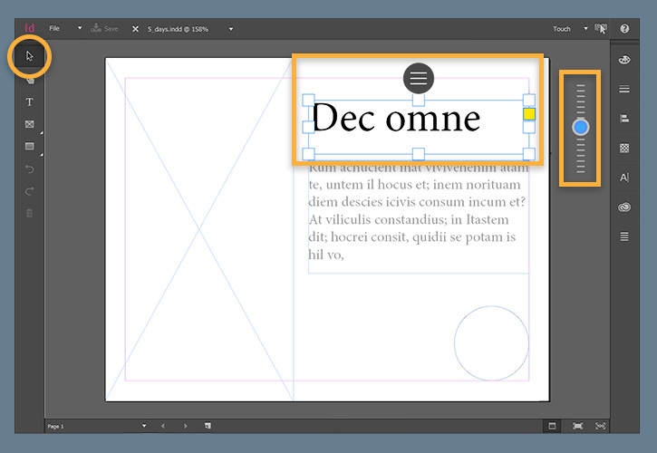 Objects may be moved on the page, resized with the slider tool, or cut, copied, and pasted with the options widget.