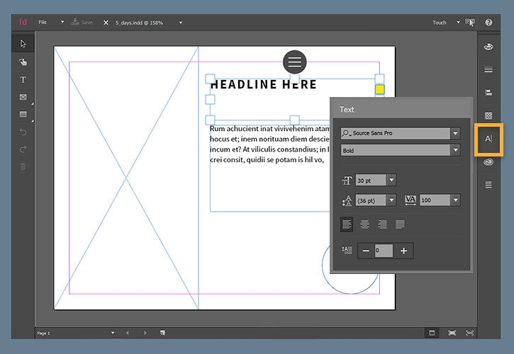 Text is styled by selecting text frame, then Text icon. 