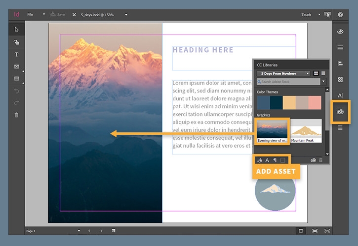 Creative Cloud library assets are added to the mountain image by clicking the CC Libraries panel and double-tapping the asset