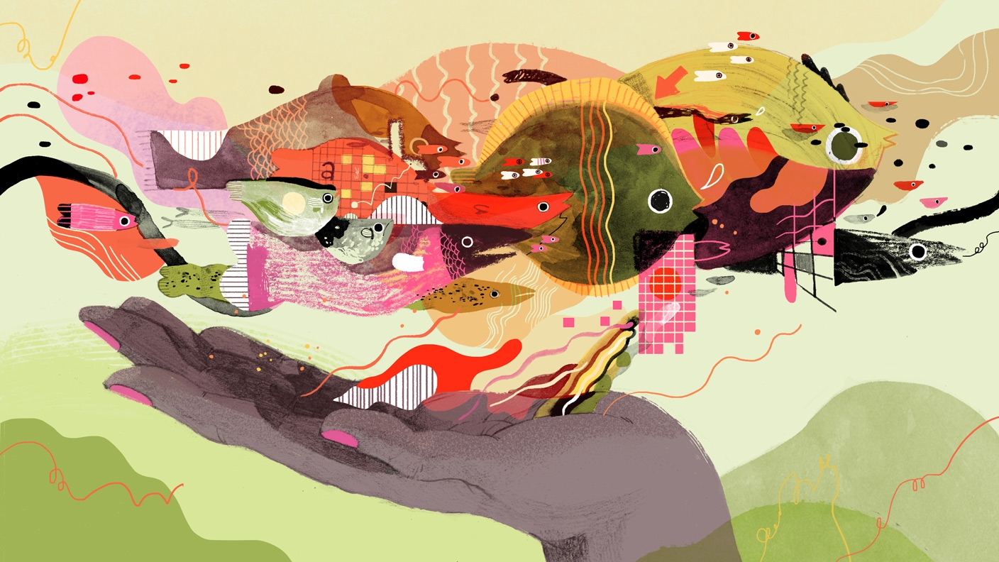 Abstract art collage of hand holding multiple types of fish against a green hued background.