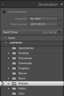 The import Destination panel in Lightroom Classic CC