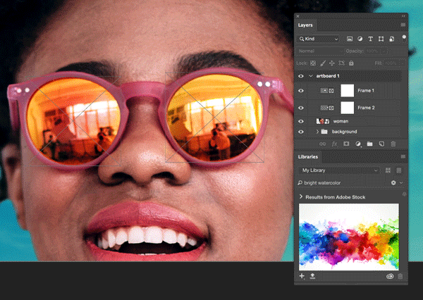 Drag an Adobe Stock asset or a libraries asset from the Libraries panel into the frame.