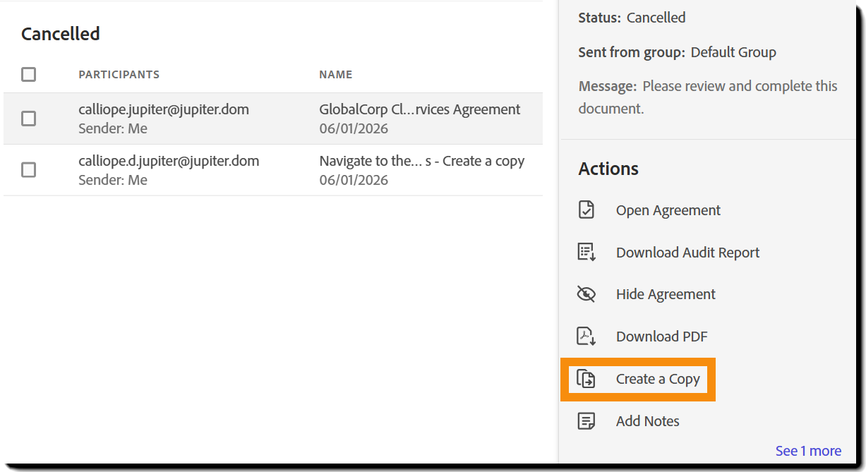 Copy Agreement action on the Manage page 
