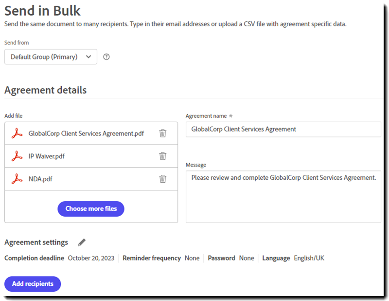 The Send in Bulk interface showing the Agreement details configured