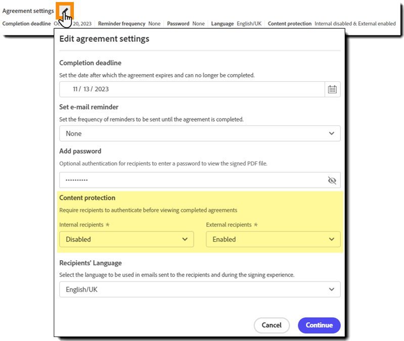 The agreement settings panel with the content protection fields highlighted