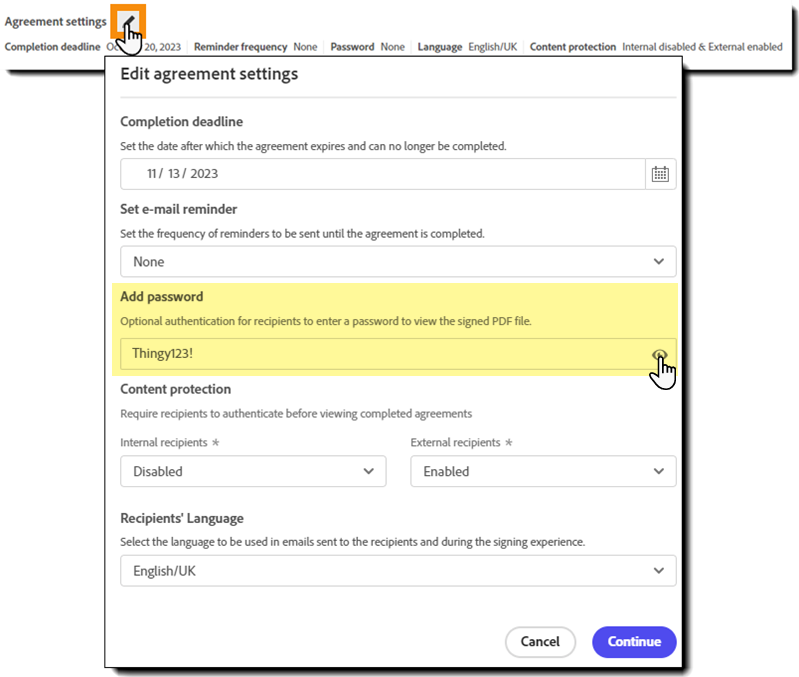 The agreement settings panel with the password field highlighted