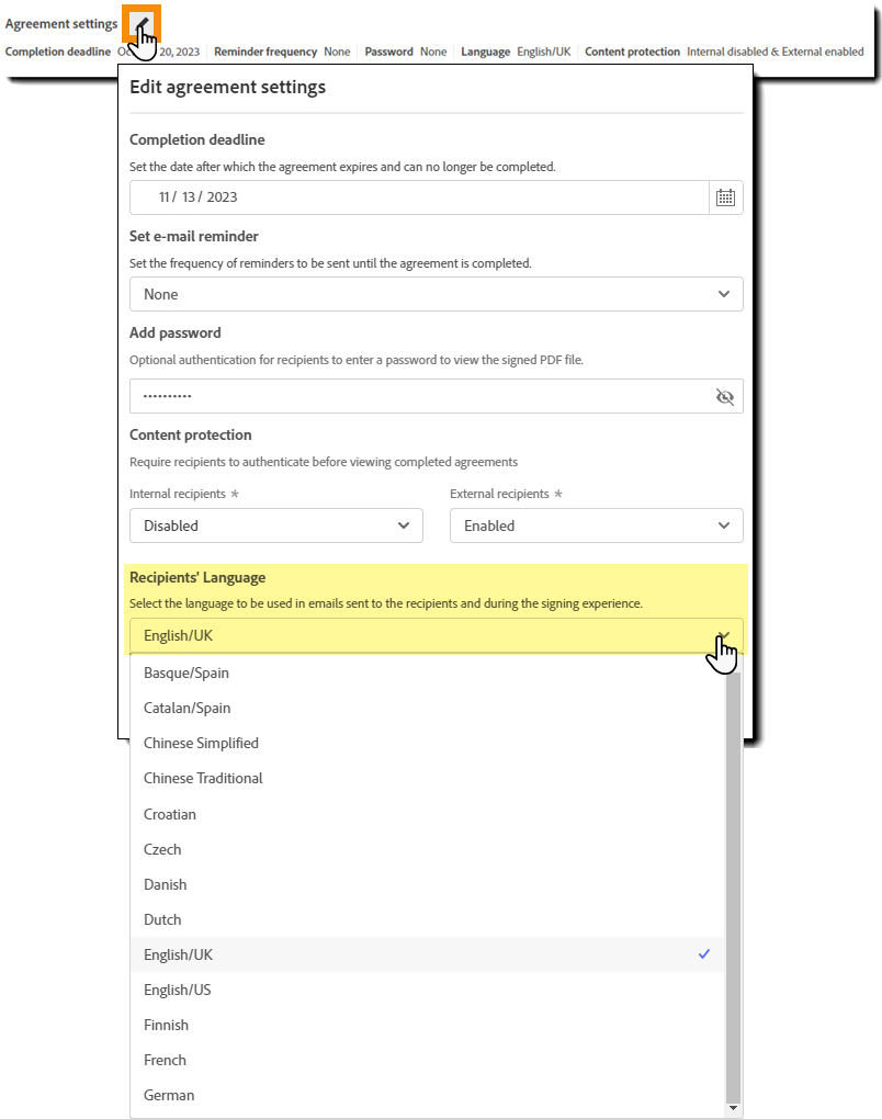 The agreement settings panel with the language selector highlighted