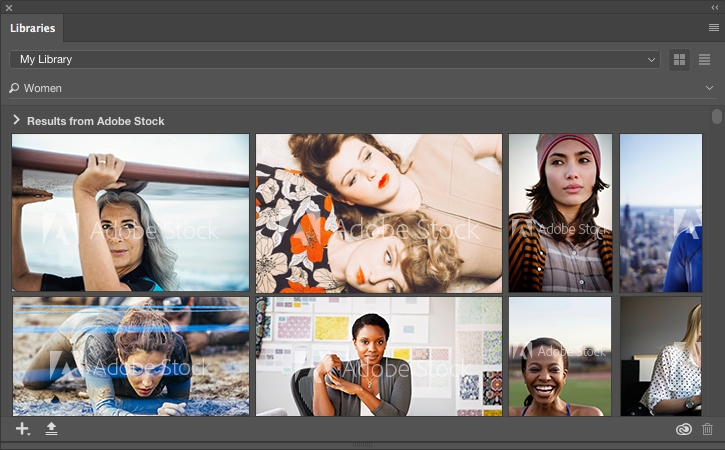 A search in Adobe Stock for “women” brings up many images of women doing different activities.