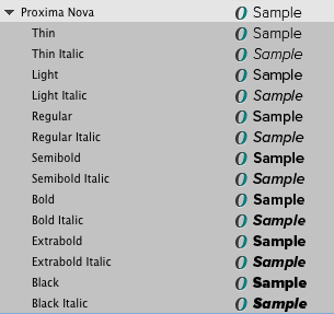 Список стилей шрифта Proxima Nova