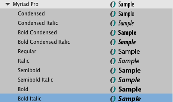 Список стилей шрифта Myriad Pro