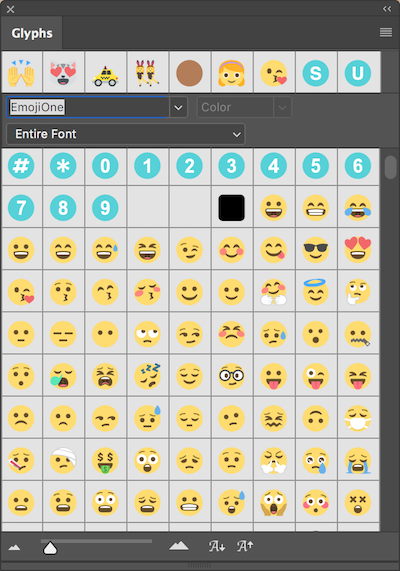 Панель «Глифы» в Photoshop, на которой отображается часть набора символов EmojiOne Color.