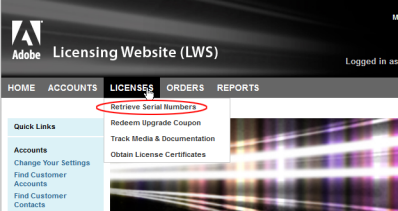 Choose Licenses, Retrieve Serial Numbers