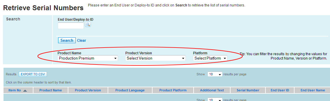 Select a Product Name, Product Version, and Platform