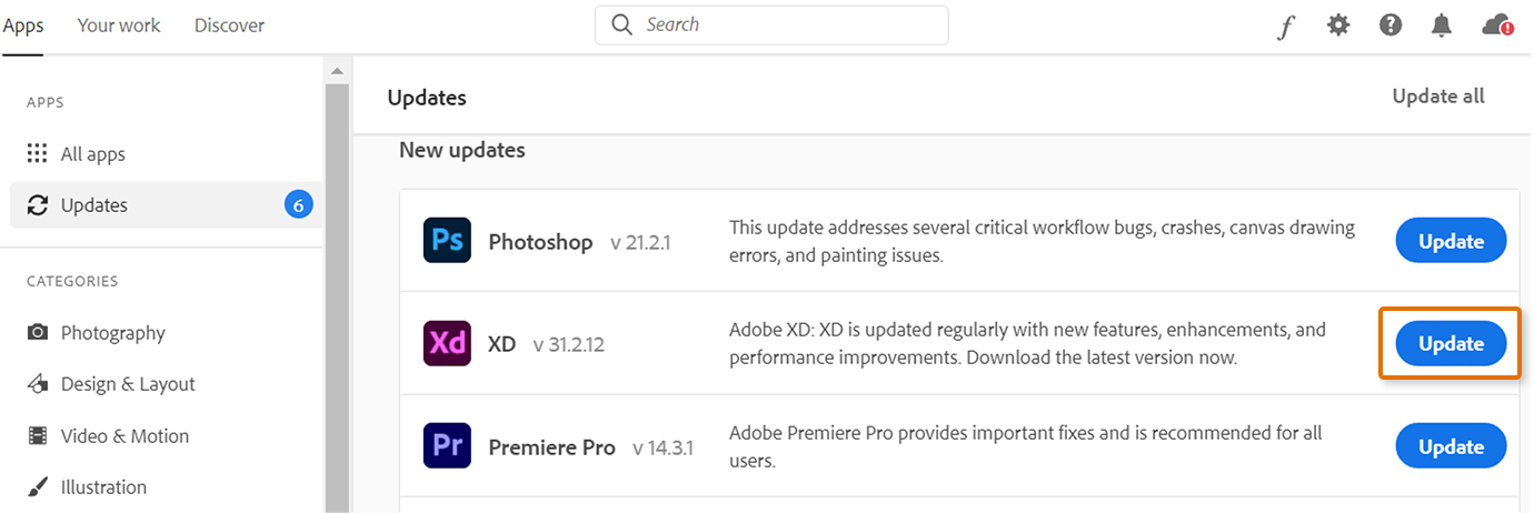 Click Update next to XD.