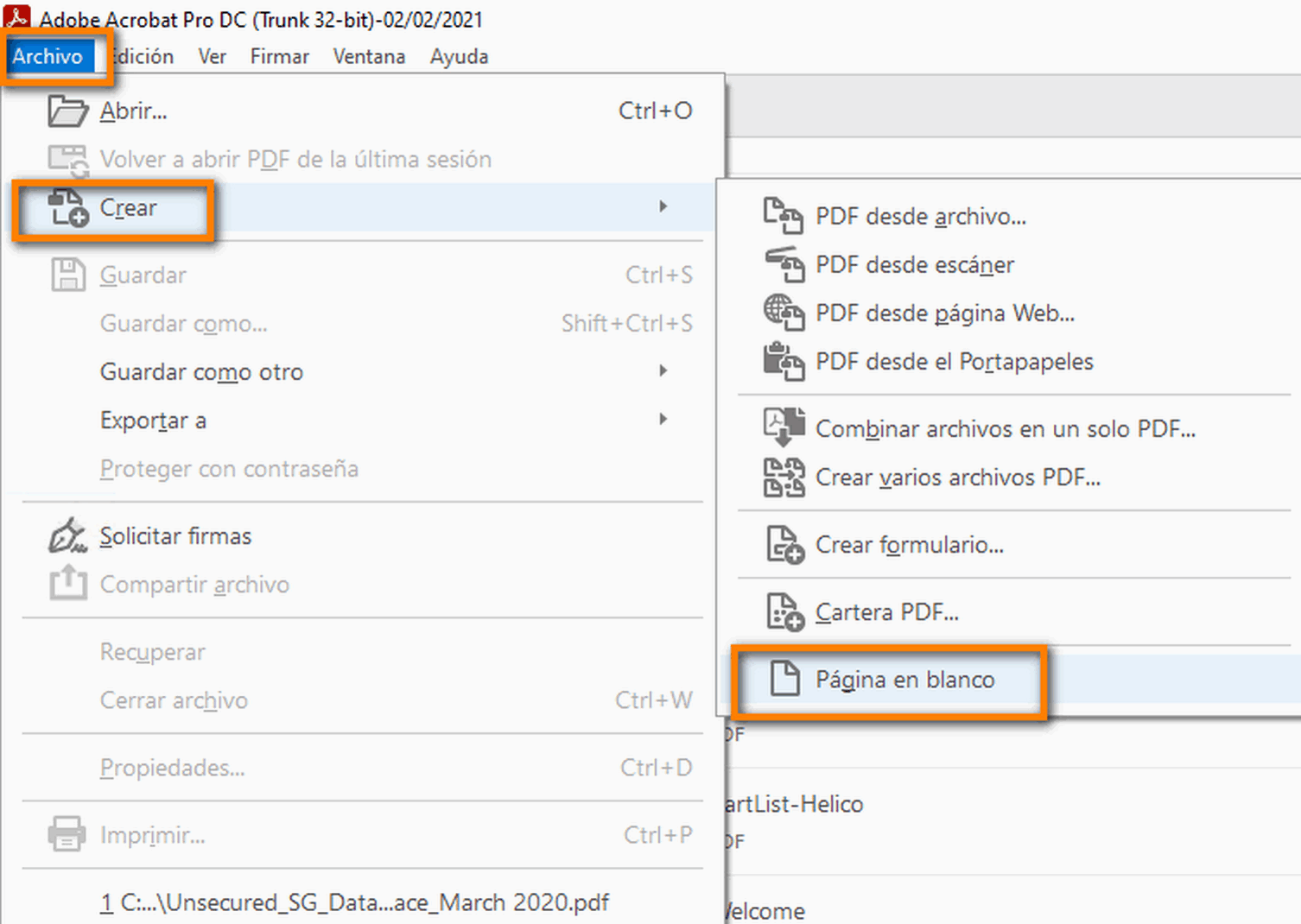 Crear un PDF con las páginas en blanco desde el menú Archivo